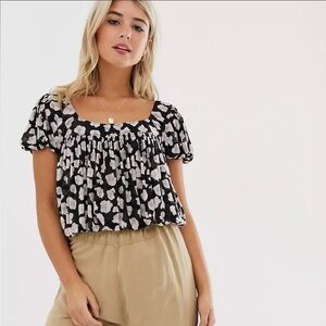 FREE PEOPLE Megs Animal Print Cropped Blouse Bubble Hem, Size XS